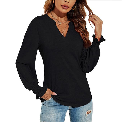 New V-neck patchwork loose autumn solid color top