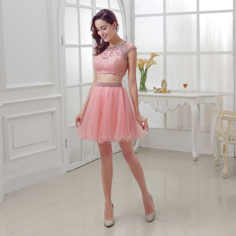 Adorable Pink Lace Crop Top with Tulle Prom Dress, LX308