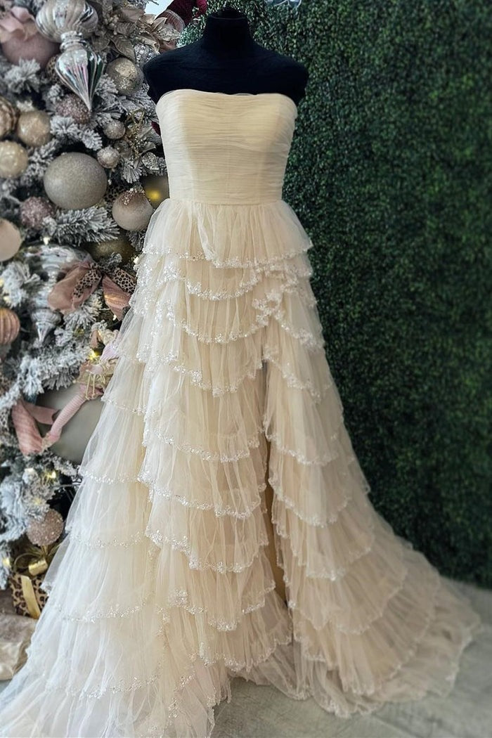 Strapless Layered Tulle Prom Dress with Sequins