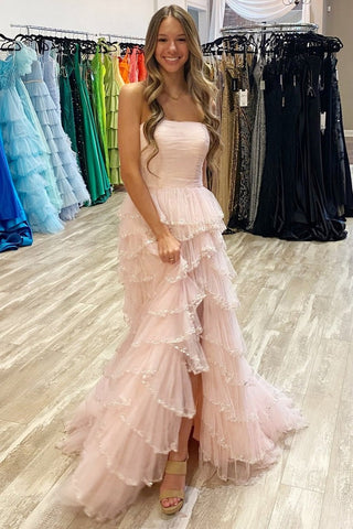 Strapless Layered Tulle Prom Dress with Sequins