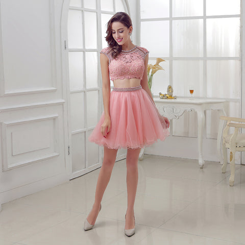 Adorable Pink Lace Crop Top with Tulle Prom Dress, LX308