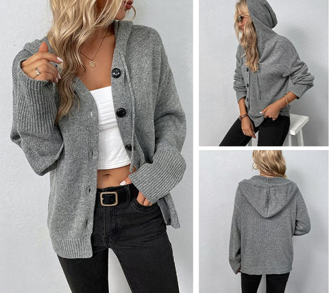 Solid color hooded single breasted autumn and winter drawstring knit sweater jacket