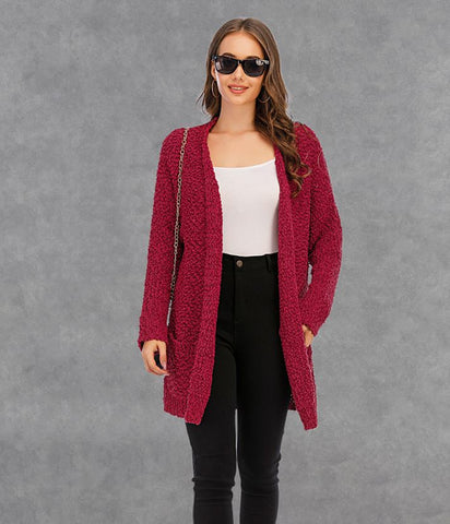 Winter new plus size knitted double pocket cardigan mid length sweater