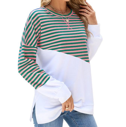 Autumn and winter new solid color round neck contrasting striped long sleeved sweatshirt jacket for women