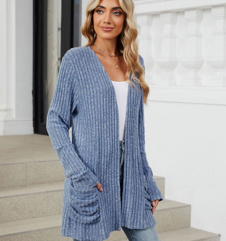 Autumn and winter new solid color pocket long sleeved base cardigan knitted sweater