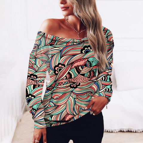 Long sleeved 3D digital printed women's shoulder sweatshirt