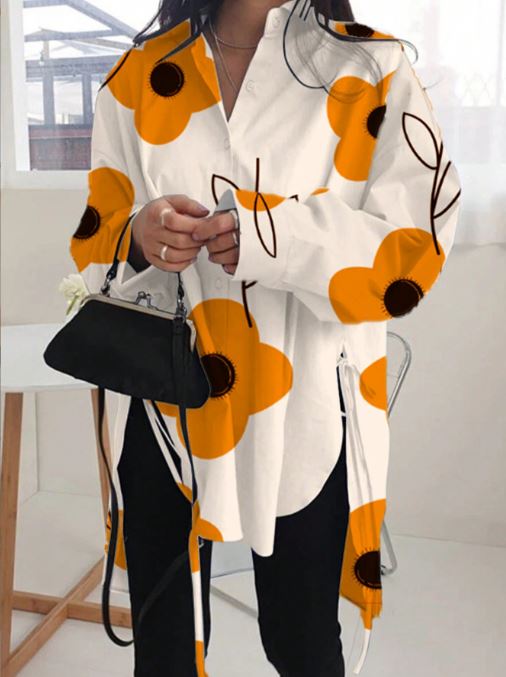 Autumn loose mid length printed shirt