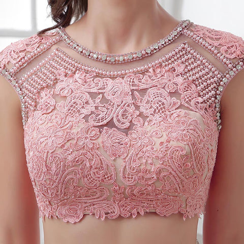 Adorable Pink Lace Crop Top with Tulle Prom Dress, LX308