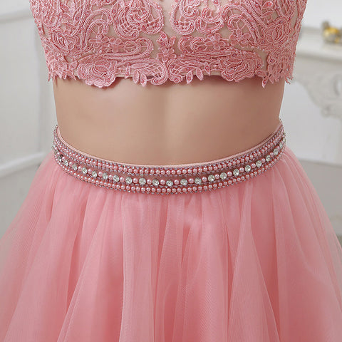 Adorable Pink Lace Crop Top with Tulle Prom Dress, LX308