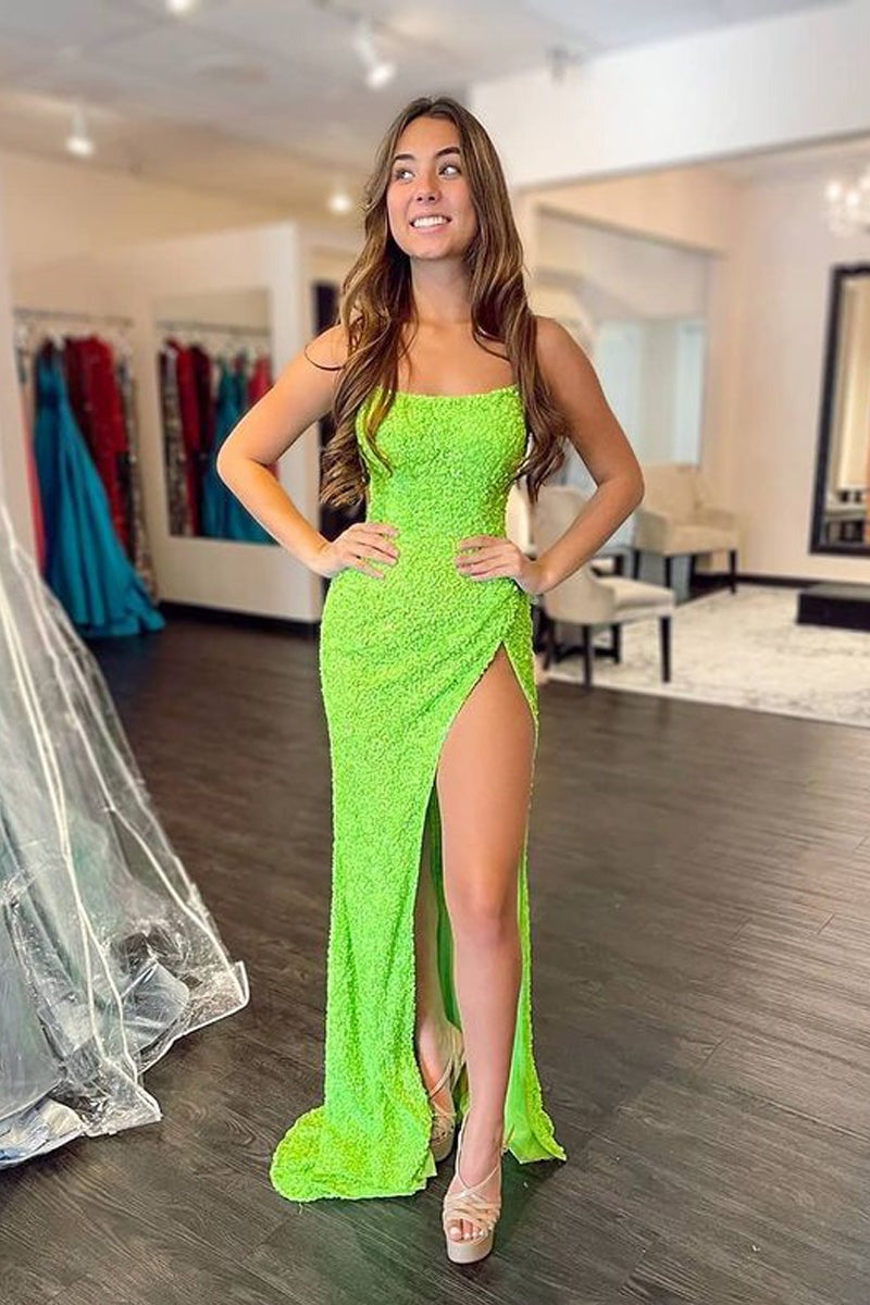 Stunning Fluorescent Green Sequins Mermaid Prom Dresses with Slit