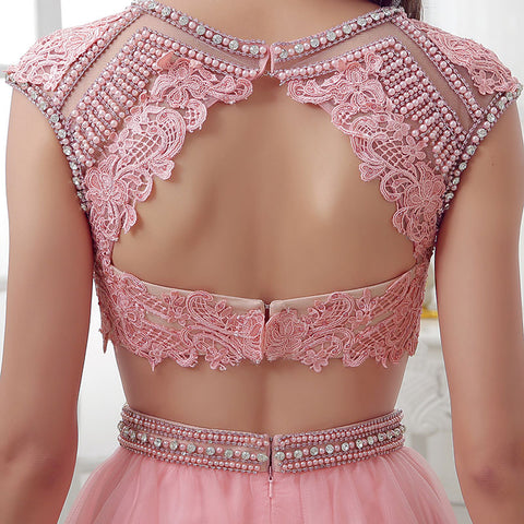 Adorable Pink Lace Crop Top with Tulle Prom Dress, LX308