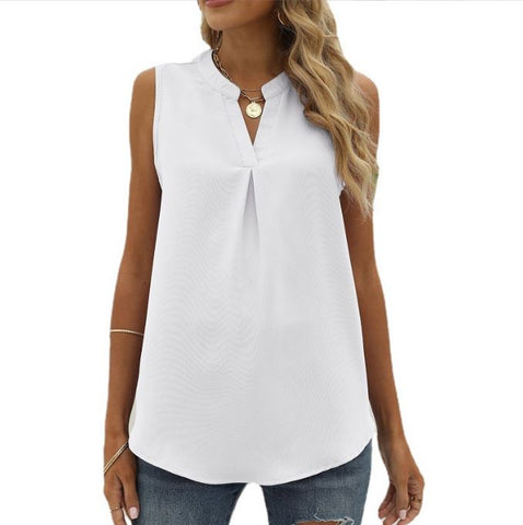 Solid color chiffon shirt loose V-neck pullover sleeveless top vest