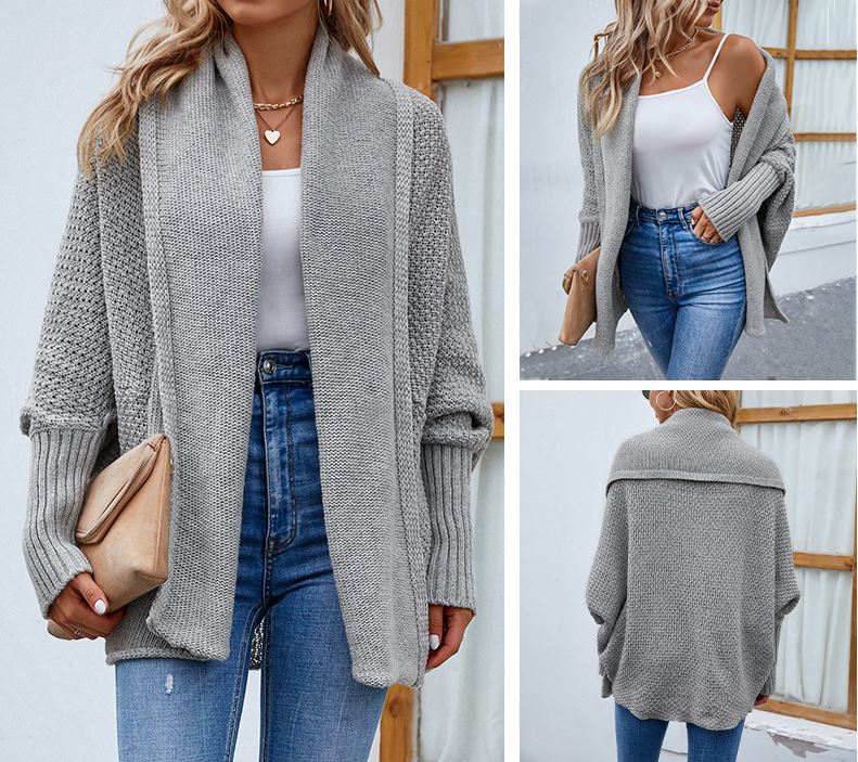 Autumn and Winter New Women's Solid Color Bat Sleeve Cardigan Coat