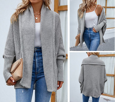 Autumn and Winter New Women's Solid Color Bat Sleeve Cardigan Coat