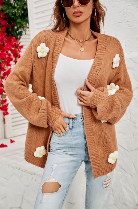 Large size flower cardigan lantern sleeve knitted sweater