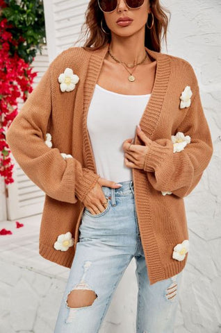 Large size flower cardigan lantern sleeve knitted sweater