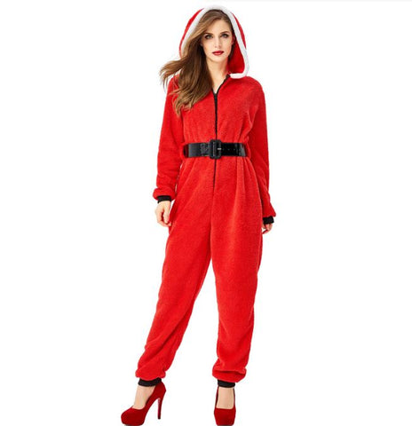 Women's red hooded jumpsuit Christmas outfit