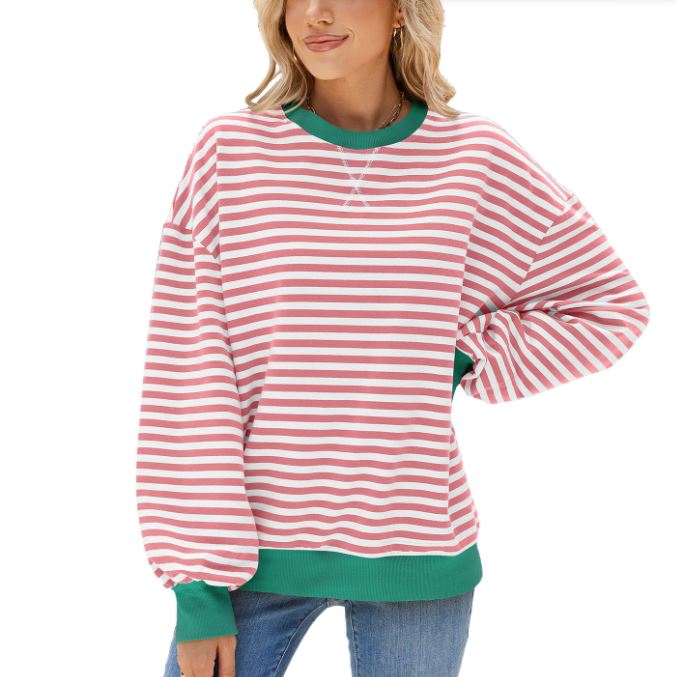 Autumn and winter striped round neck contrasting loose long sleeved sweatshirt jacket for women