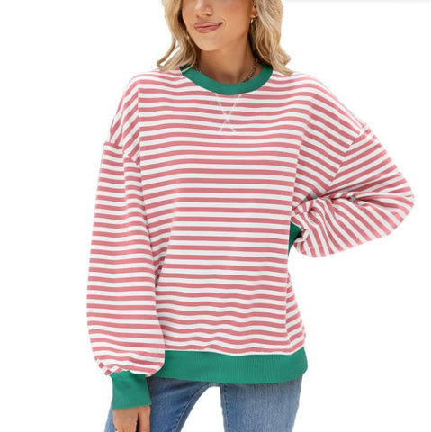 Autumn and winter striped round neck contrasting loose long sleeved sweatshirt jacket for women