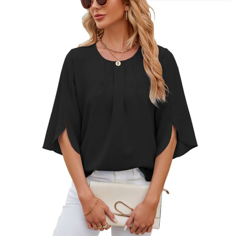 New solid color round neck five quarter sleeve short sleeved loose chiffon top
