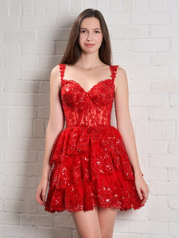 A-Line Sweetheart Tiered Short Homecoming Dress