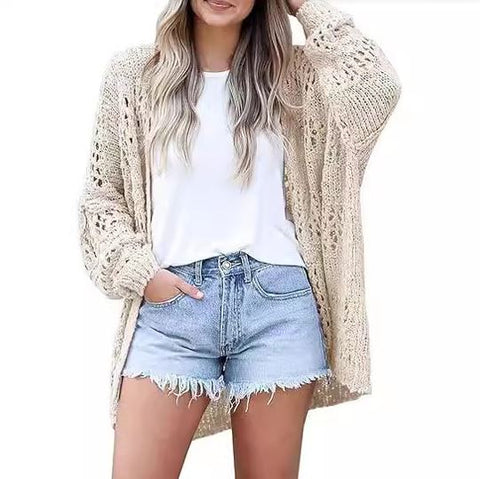 Summer new cardigan loose hollow knit sweater