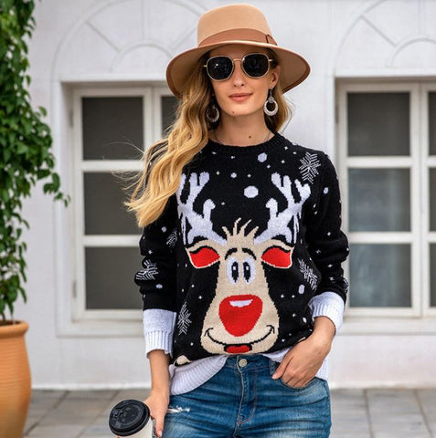 Loose fitting Christmas reindeer jacquard knitted sweater for women