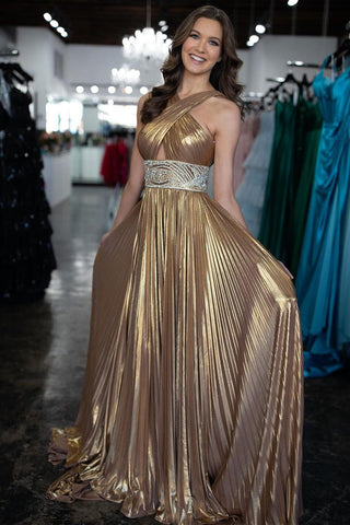 Halter Pleated Satin Long Gold Prom Dress with Beading