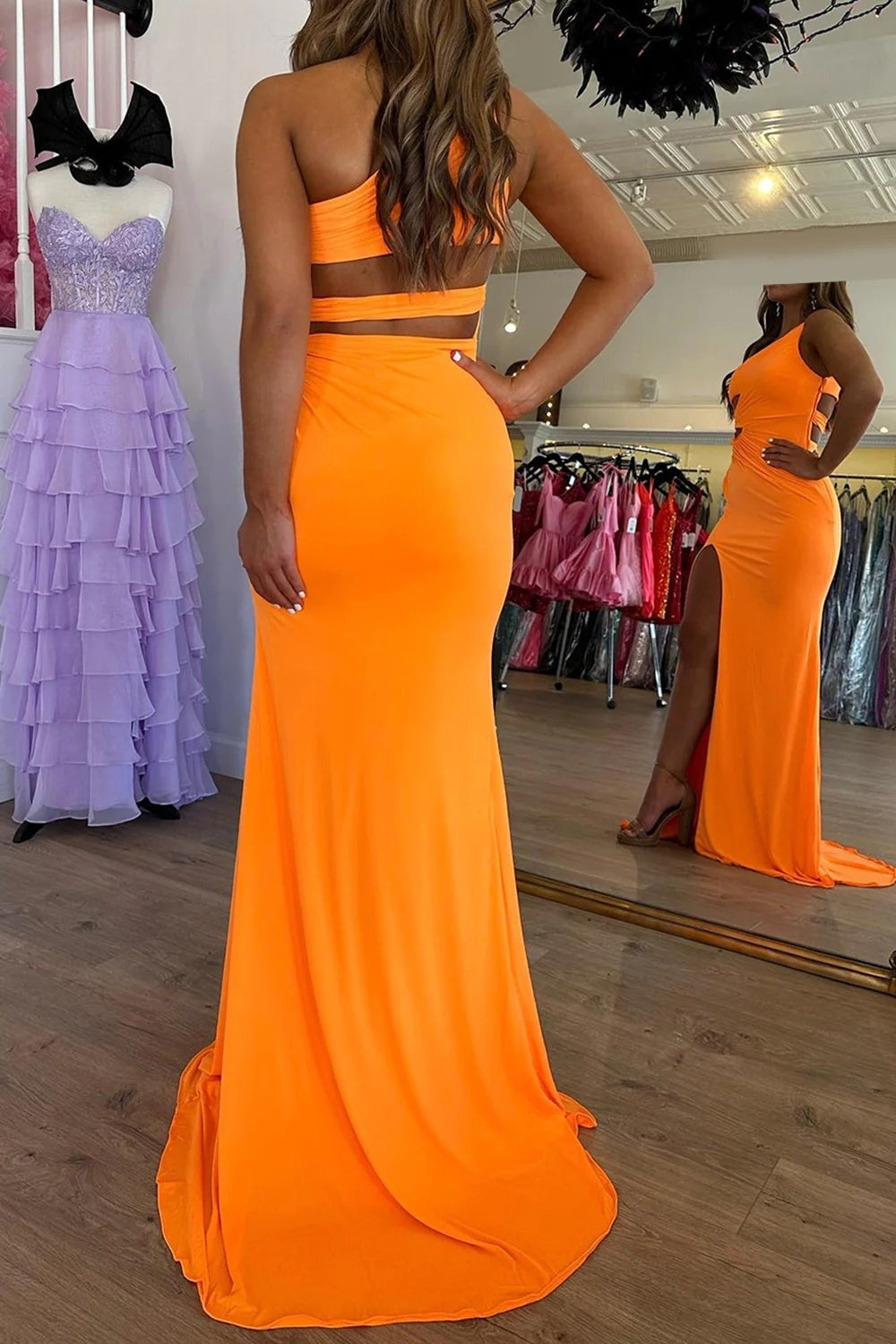 Orange One Shoulder Long Mermaid Prom Dress With Slit