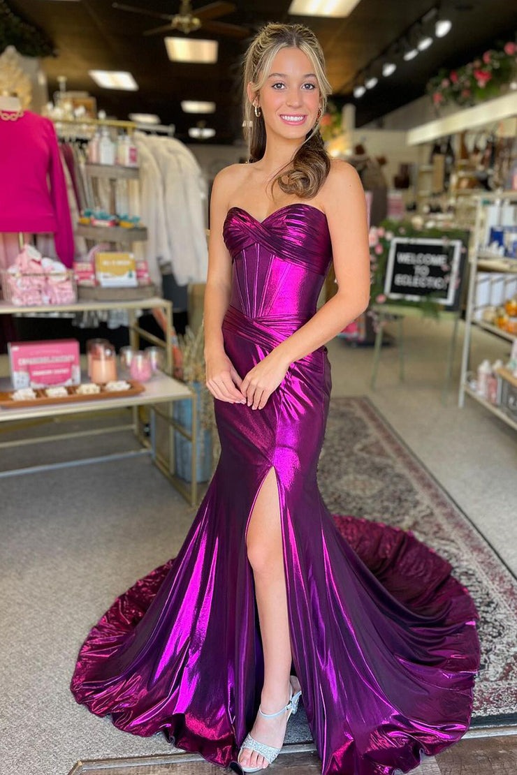 Charming Sweetheart Purple Metallic Satin Slit Mermaid Prom Dress