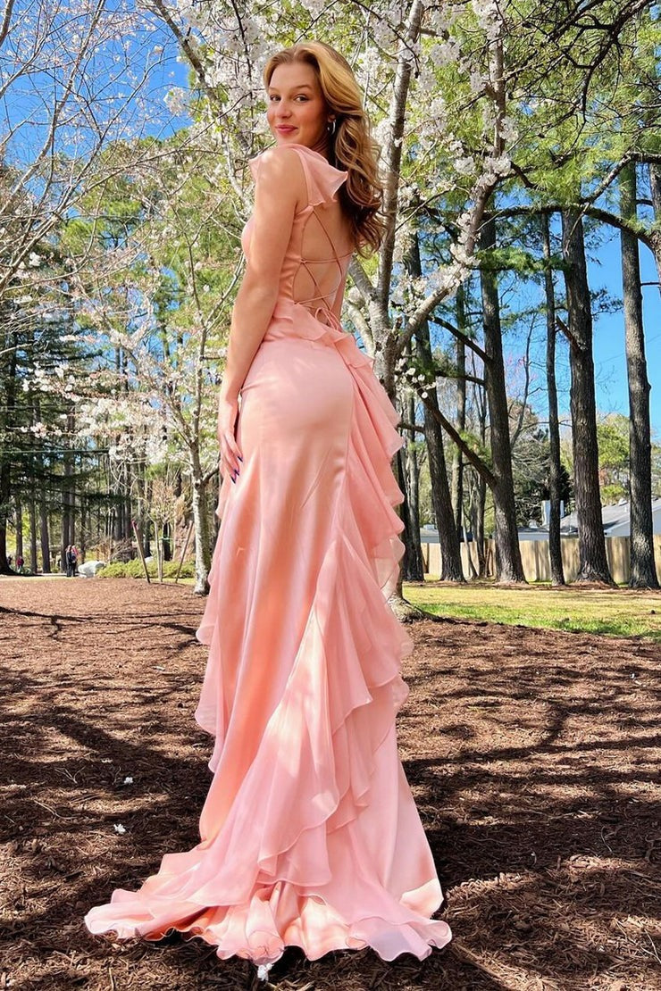Square Neck Ruffle Chiffon Long Pink Prom Dress with Slit