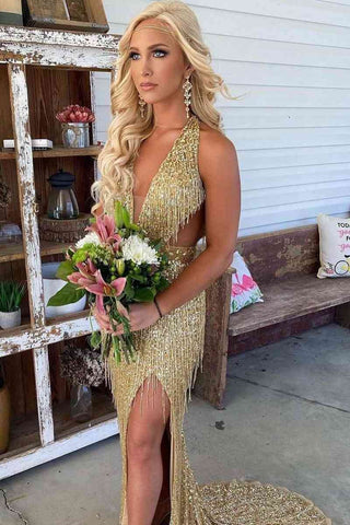Plunging Black Side Cut-Out  V-Neck Long Prom Dress with Fringe