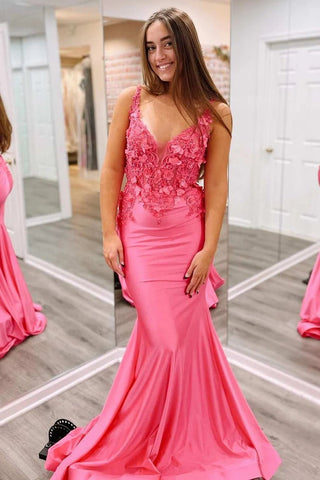 Charming V Neck Fuchsia Sparkly Satin Long Mermaid Prom Dresses with Appliques