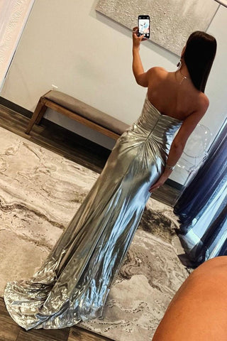 Simple Strapless Silver Satin Long Mermaid Prom Dress with Slit