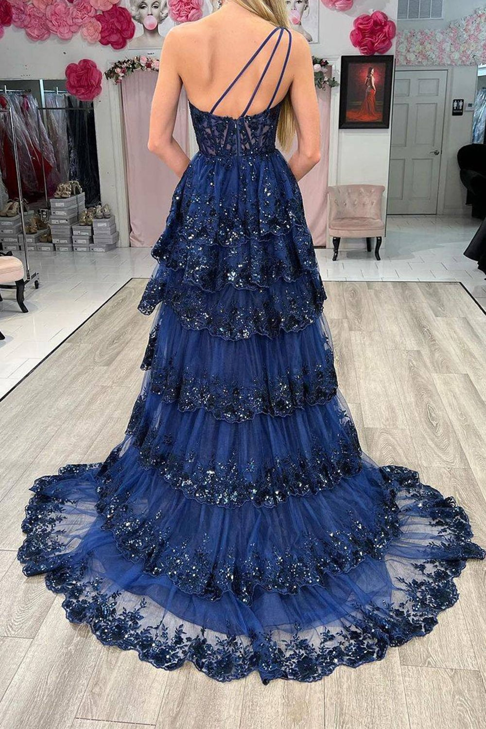 Sparkly One Shoulder A Line Navy Lace Corset Prom Dress with Ruffles