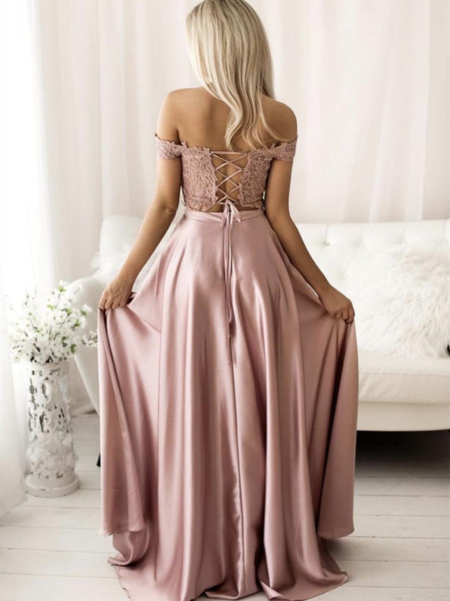 Two Pieces Off Shoulder  Lace Long Prom, Formal, Evening Dresses