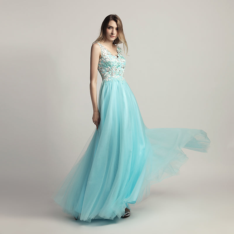 Enchanting Turquoise Sleeveless V - Neck Gown with Embroidered Bodice and Tulle Prom Dress,LX455