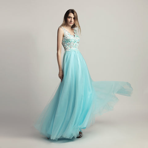 Enchanting Turquoise Sleeveless V - Neck Gown with Embroidered Bodice and Tulle Prom Dress,LX455