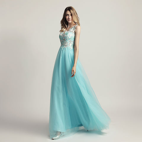 Enchanting Turquoise Sleeveless V - Neck Gown with Embroidered Bodice and Tulle Prom Dress,LX455