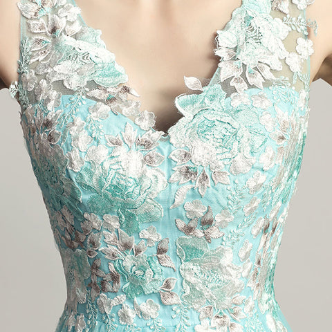 Enchanting Turquoise Sleeveless V - Neck Gown with Embroidered Bodice and Tulle Prom Dress,LX455