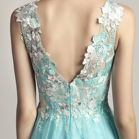 Enchanting Turquoise Sleeveless V - Neck Gown with Embroidered Bodice and Tulle Prom Dress,LX455