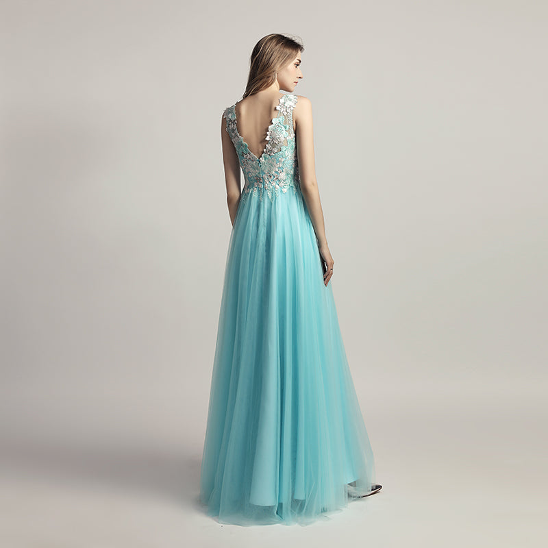 Enchanting Turquoise Sleeveless V - Neck Gown with Embroidered Bodice and Tulle Prom Dress,LX455