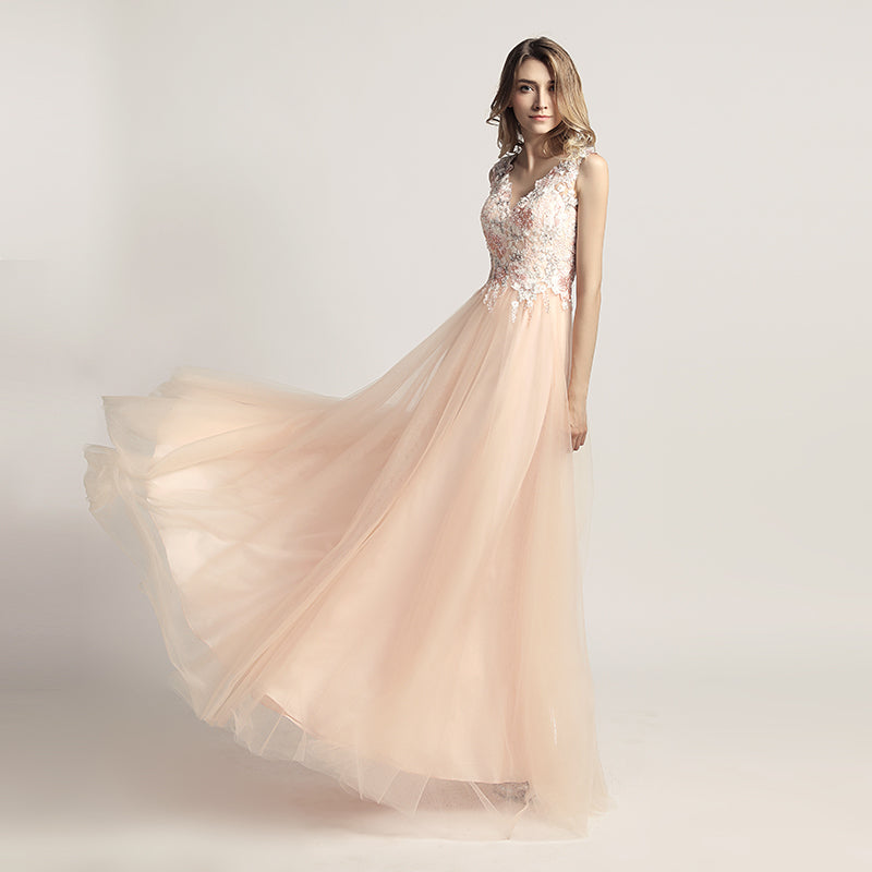 Enchanting Turquoise Sleeveless V - Neck Gown with Embroidered Bodice and Tulle Prom Dress,LX455