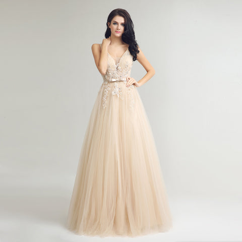 Elegant Sleeveless V - Neck Champagne Tulle Gown with Embroidered Bodice Prom Dress,LX242