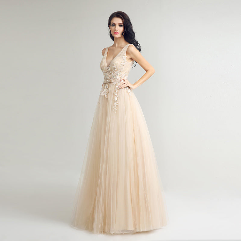 Elegant Sleeveless V - Neck Champagne Tulle Gown with Embroidered Bodice Prom Dress,LX242