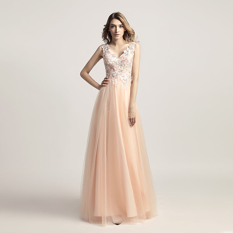 Enchanting Turquoise Sleeveless V - Neck Gown with Embroidered Bodice and Tulle Prom Dress,LX455