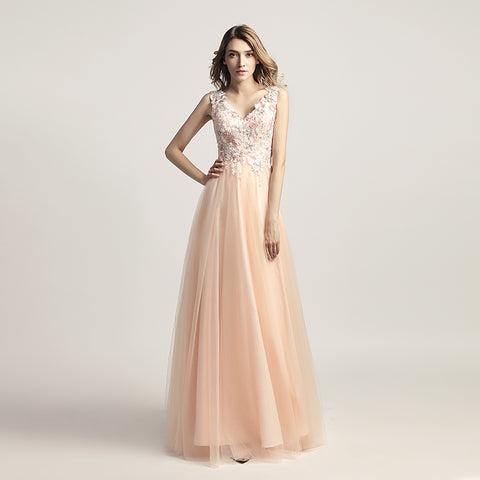 Enchanting Turquoise Sleeveless V - Neck Gown with Embroidered Bodice and Tulle Prom Dress,LX455