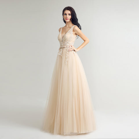 Elegant Sleeveless V - Neck Champagne Tulle Gown with Embroidered Bodice Prom Dress,LX242