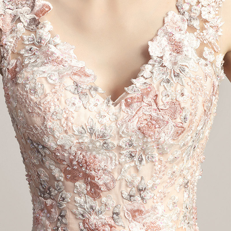 Enchanting Turquoise Sleeveless V - Neck Gown with Embroidered Bodice and Tulle Prom Dress,LX455