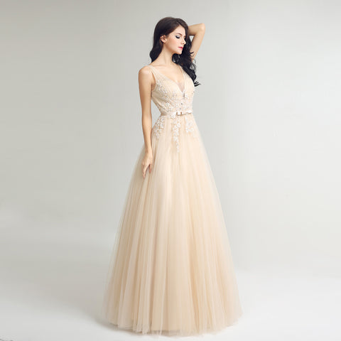 Elegant Sleeveless V - Neck Champagne Tulle Gown with Embroidered Bodice Prom Dress,LX242
